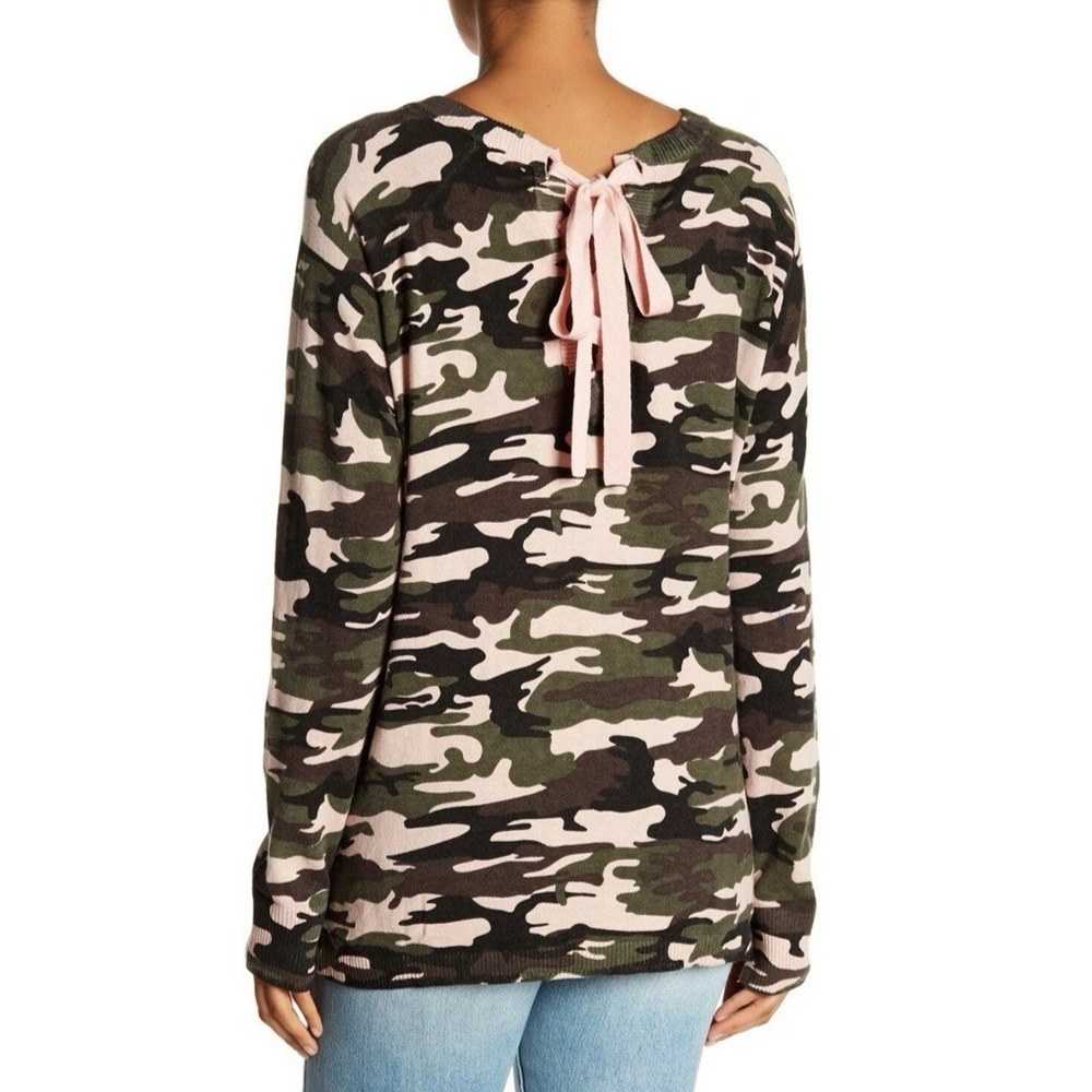 Sanctuary Trixie Lace Up Heritage PulloverSweater Top Sz S Pink Green Camo EUC